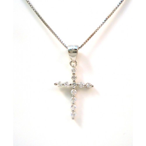 COLLANA CON CROCE IN ARGENTO RODIATO ORO BIANCO 18 KT E ZIRCONI