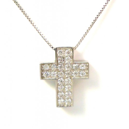 COLLANA CON CROCE IN ARGENTO RODIATO ORO BIANCO 18 KT E ZIRCONI