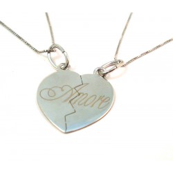 NECKLACE WITH HEART DIVIDED IN SILVER RHODIUM-PLATED WHITE GOLD 18 KT WITH 2 NECKLACES