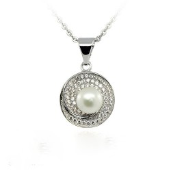 COLLANA CON PENDETE IN ARGENTO RODIATO ORO BIANCO 18 KT CON ZIRCONE E PERLA