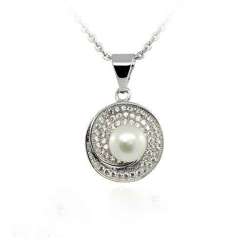 COLLANA CON PENDETE IN ARGENTO RODIATO ORO BIANCO 18 KT CON ZIRCONE E PERLA