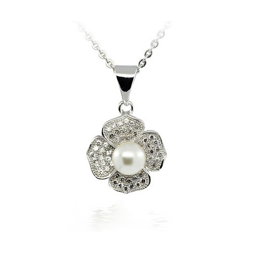 COLLANA CON CIONDOLO QUADRIFOGLIO IN ARGENTO RODIATO ORO BIANCO 18 KT CON ZIRCONI E PERLA