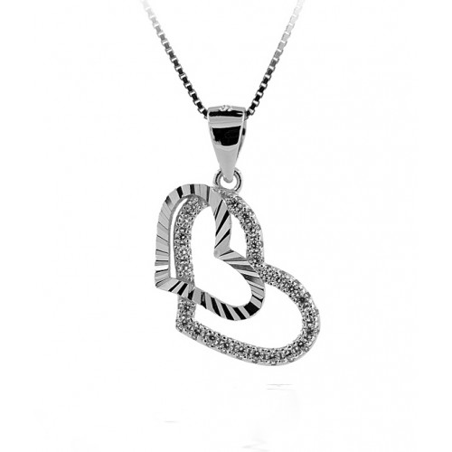 COLLANA CON DOPPIO CUORE IN ARGENTO RODIATO ORO BIANCO 18 KT CON ZIRCONI 