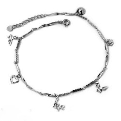 SILVER CHARM BRACELET IN RHODIUM-PLATED WHITE GOLD WITH BUTTERFLY, FLOWER AND LOVE