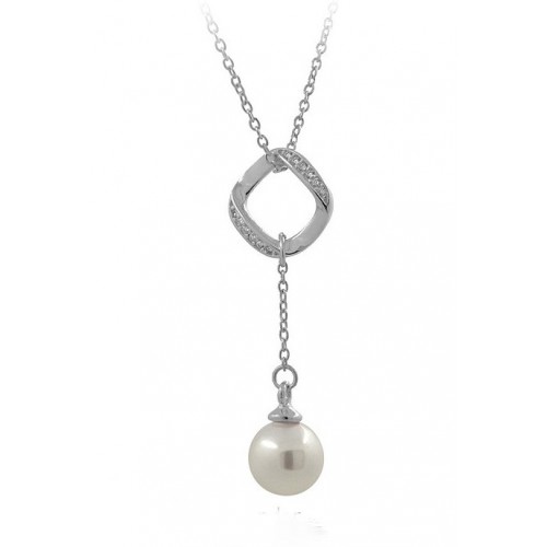 COLLANA CON PERLA IN ARGENTO RODIATO ORO BIANCO 18 KT E ZIRCONI TAGLIO BRILLANTE