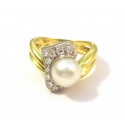 RING WITH PAVE' DIAMONDS, WOMEN'S WHITE AND YELLOW GOLD 18 KT WITH PEARL 