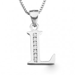 PENDANT NECKLACE LETTER INITIAL L SILVER RHODIUM-PLATED WHITE GOLD AND DIAMONDS