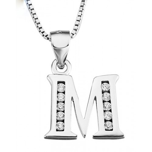 INITIAL LETTER L PENDANT NECKLACE IN RHODIUM-PLATED WHITE GOLD AND CUBIC ZIRCONIA 