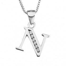 INITIAL LETTER M PENDANT NECKLACE IN RHODIUM-PLATED WHITE GOLD AND CUBIC ZIRCONIA 