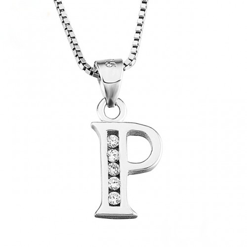 COLLANA CIONDOLO LETTERA INIZIALE P IN ARGENTO RODIATO ORO BIANCO E BRILLANTI