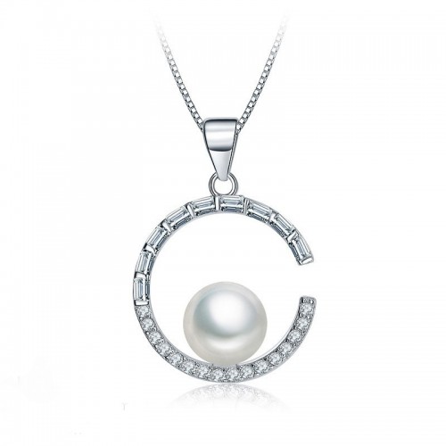 COLLANA IN ARGENTO RODIATO ORO BIANCO 18 KT CON PERLA DI MARE E ZIRCONI