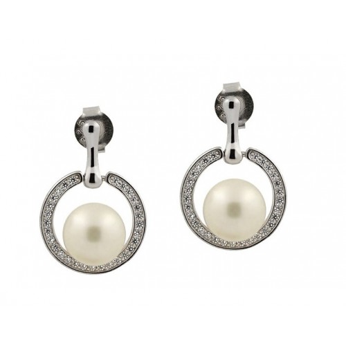 WHITE GOLD RHODIUM PLATED SILVER EARRINGS WITH CUBIC ZIRCONIA AND PEARLS 