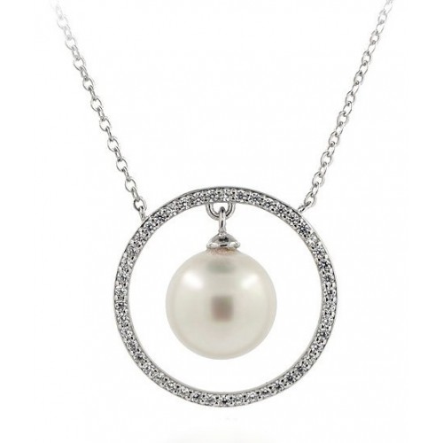 18 KT WHITE GOLD RHODIUM SILVER NECKLACE with PEARL and ZIRCONS