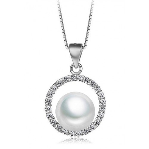 COLLANA IN ARGENTO RODIATO ORO BIANCO 18 KT CON PERLA E ZIRCONI TAGLIO BRILLANTE