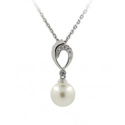 RHODIUM-PLATED SILVER PENDANT NECKLACE WHITE GOLD WITH PEARL AND ZIRCONS