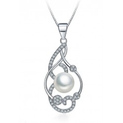 RHODIUM-PLATED SILVER PENDANT NECKLACE WHITE GOLD WITH PEARL AND ZIRCONS