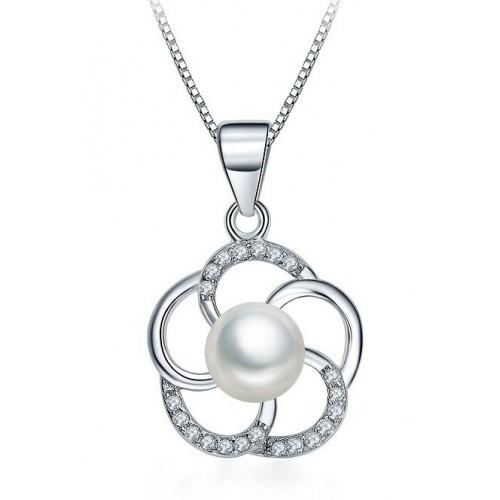 COLLANA CON CIONDOLO IN ARGENTO RODIATO ORO BIANCO CON PERLA E ZIRCONI