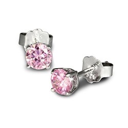 ARETES DE PUNTO DE LUZ DE SOLITARIO DE PLATA RODIO CHAPADO EN ORO BLANCO CON CUBIC ZIRCONIA ROSA