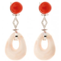 PENDANT EARRINGS IN WHITE GOLD 18 KT WITH DIAMONDS AND NATURAL CORAL