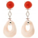 PENDANT EARRINGS IN WHITE GOLD 18 KT WITH DIAMONDS AND NATURAL CORAL