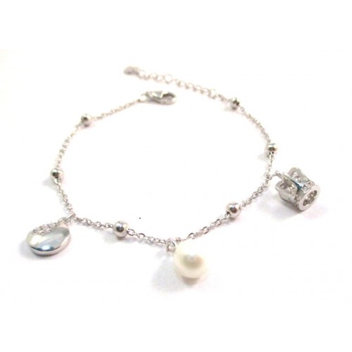 BRACCIALE DA DONNA IN ARGENTO RODIATO IN ORO BIANCO 18 KT CON CHARM CORONA E PERLE