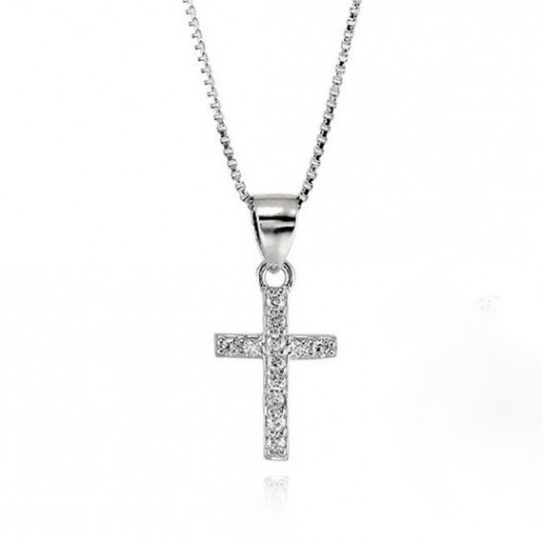 COLLANA UNISEX CON CROCE IN ARGENTO RODIATO ORO BIANCO 18 KT E ZIRCONI