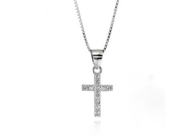 COLLANA UNISEX CON CROCE IN ARGENTO RODIATO ORO BIANCO 18 KT E ZIRCONI