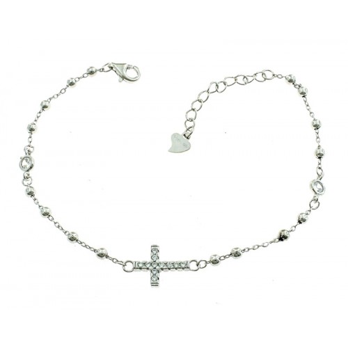 BRACCIALE UNISEX ROSARIO CON CROCE IN ARGENTO 925 RODIATO ORO BIANCO CON ZIRCONI