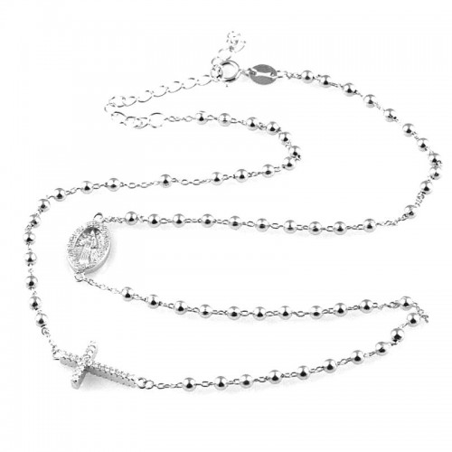 COLLANA UNISEX ROSARIO CON CROCE IN ARGENTO 925 RODIATO ORO BIANCO CON ZIRCONI