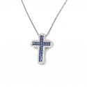 COLLANA CROCE UOMO/DONNA IN ARGENTO 925 RODIATO ORO BIANCO CON PAVE'ZIRCONI BLU