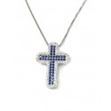 COLLANA CROCE UOMO/DONNA IN ARGENTO 925 RODIATO ORO BIANCO CON PAVE'ZIRCONI BLU