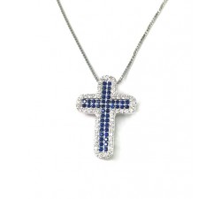 COLLANA CROCE UOMO/DONNA IN ARGENTO 925 RODIATO ORO BIANCO CON PAVE'ZIRCONI BLU