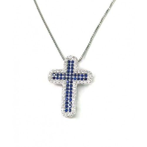 COLLANA CROCE UOMO/DONNA IN ARGENTO 925 RODIATO ORO BIANCO CON PAVE'ZIRCONI  BLU