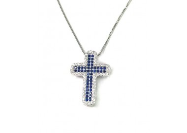 COLLANA CROCE UOMO/DONNA IN ARGENTO 925 RODIATO ORO BIANCO CON PAVE'ZIRCONI BLU