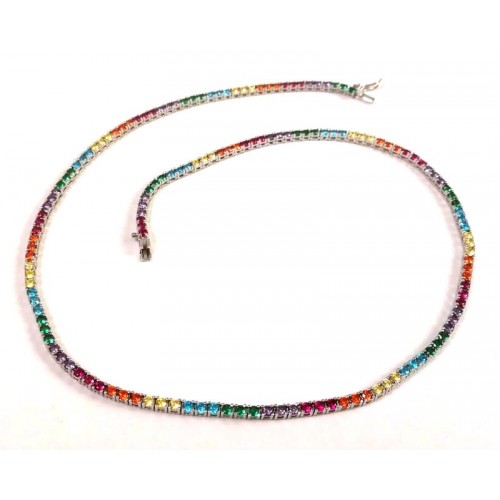 COLLANA TENNIS COLLIER IN ARGENTO 925 RODIATO ORO BIANCO CON ZIRCONI MULTICOLOR