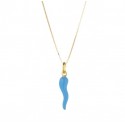 COLLANA UNISEX CORNO PORTAFORTUNA IN ORO GIALLO 18 KT SMALTATO CELESTE