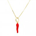 COLLANA UNISEX CORNO PORTAFORTUNA IN ORO GIALLO 18 KT SMALTATO ROSSO