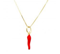 COLLANA UNISEX CORNO PORTAFORTUNA IN ORO GIALLO 18 KT SMALTATO ROSSO