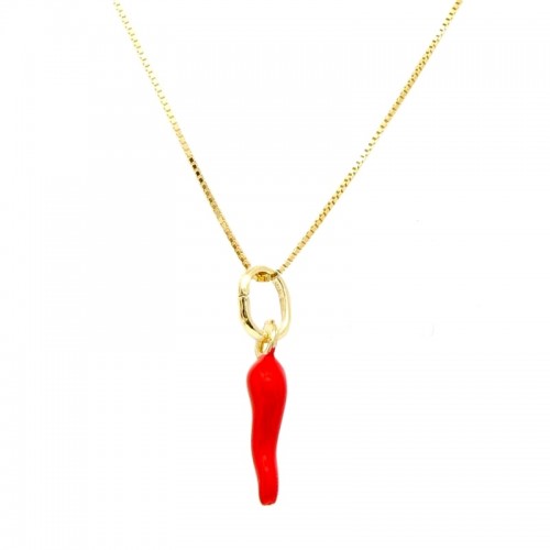 COLLANA UNISEX CORNO PORTAFORTUNA IN ORO GIALLO 18 KT SMALTATO ROSSO