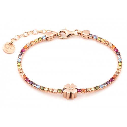 BRACCIALE TENNIS QUADRIFOGLIO IN ARGENTO 925 PLACCATO ORO ROSA CON ZIRCONI RAINBOW