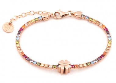 BRACCIALE TENNIS QUADRIFOGLIO IN ARGENTO 925 PLACCATO ORO ROSA CON ZIRCONI RAINBOW