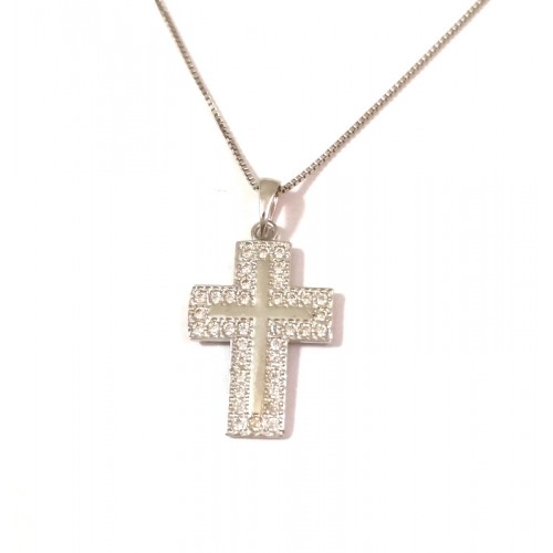 COLLANA UNISEX CON CROCE IN ORO BIANCO 9KT E ZIRCONI TAGLIO BRILLANTE