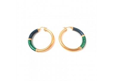 ORECCHINI CERCHI IN ORO GIALLO 18 KT SMALTO COLORE VERDE E BLU SCURO