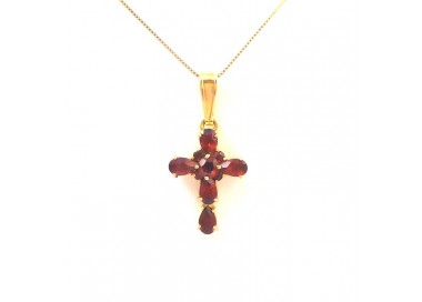 COLLANA CROCE IN ORO GIALLO 18 KT CON ZIRCONI ROSSI RUBINO
