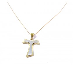 COLLANA CON CROCE TAU IN ORO GIALLO E BIANCO 18 KT