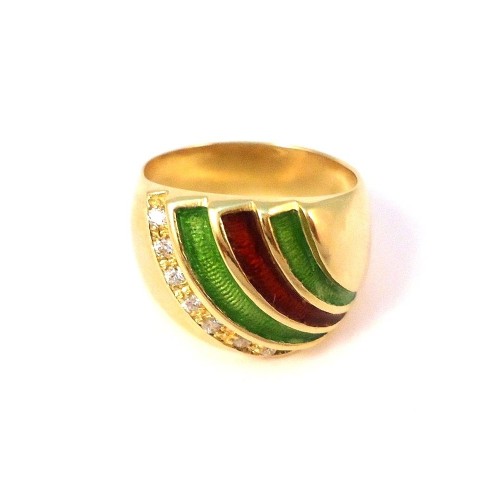 ANELLO DA DONNA IN ORO GIALLO 18 KT CON ZIRCONI E SMALTO VERDE E ROSSO