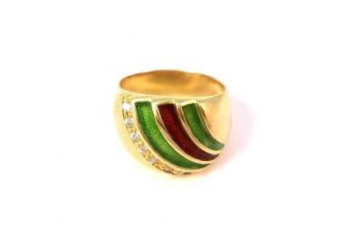 ANELLO DA DONNA IN ORO GIALLO 18 KT CON ZIRCONI E SMALTO VERDE E ROSSO