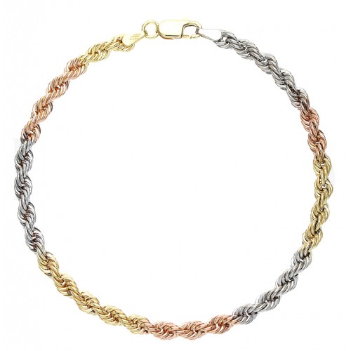 BRACCIALE UNISEX CORDA FUNE IN ORO GIALLO BIANCO E ROSA 18 KT