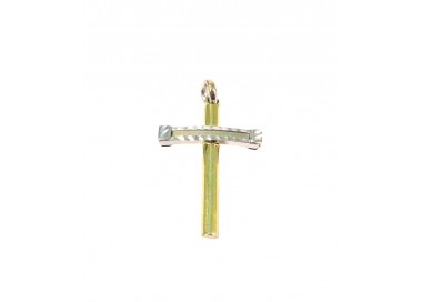 CIONDOLO CROCE IN ORO GIALLO E BIANCO 18 KT + COLLANA IN OMAGGIO