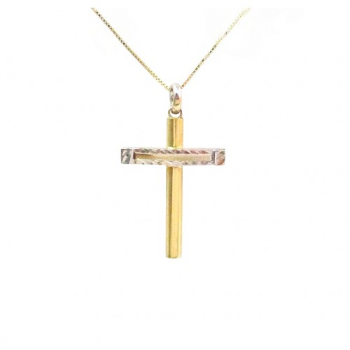 COLLANA UNISEX CON CROCE IN ORO GIALLO E BIANCO 18 KT